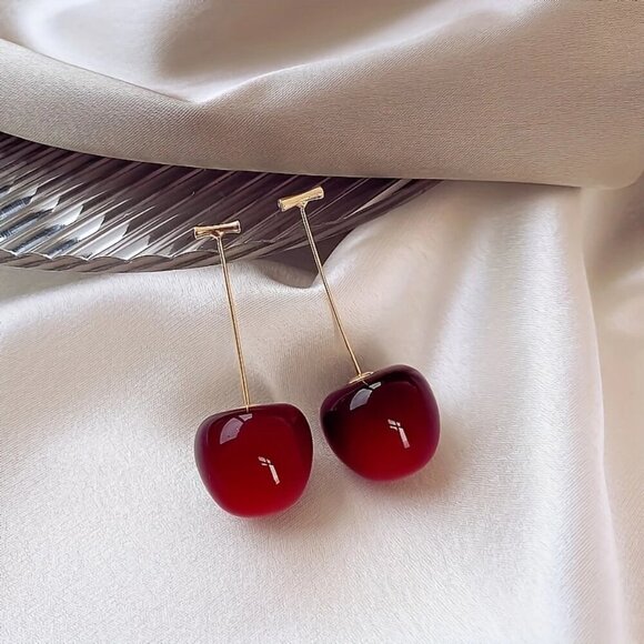NEW Long Cherry Drop Earrings – Cute Red Fruit Dangle Statement Jewelry - Picture 2 of 4